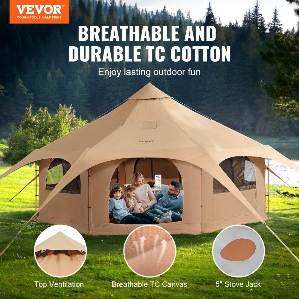 Bell Tent 5x2.8m Yurt Tent TC Cotton and Heavy Duty Iron Poles with Oxford Cloth Groundsheet Camping Tent Family Tent 8 Windows Group Tent for Outdoor Adventures
