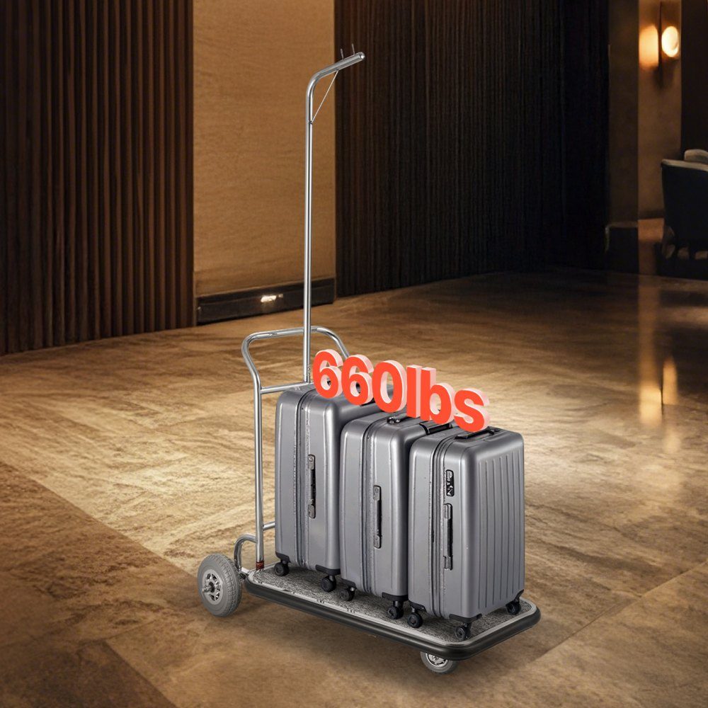 Bagagewagen, capaciteit 272 kg, roestvrijstalen bagagewagen met 3 wielen, bagagewagen met grijze tapijtvloer en rubberen wielen, ideaal voor congrescentra, hotels, huurwoningen, zilver, 1080 x 640 x 1800 mm