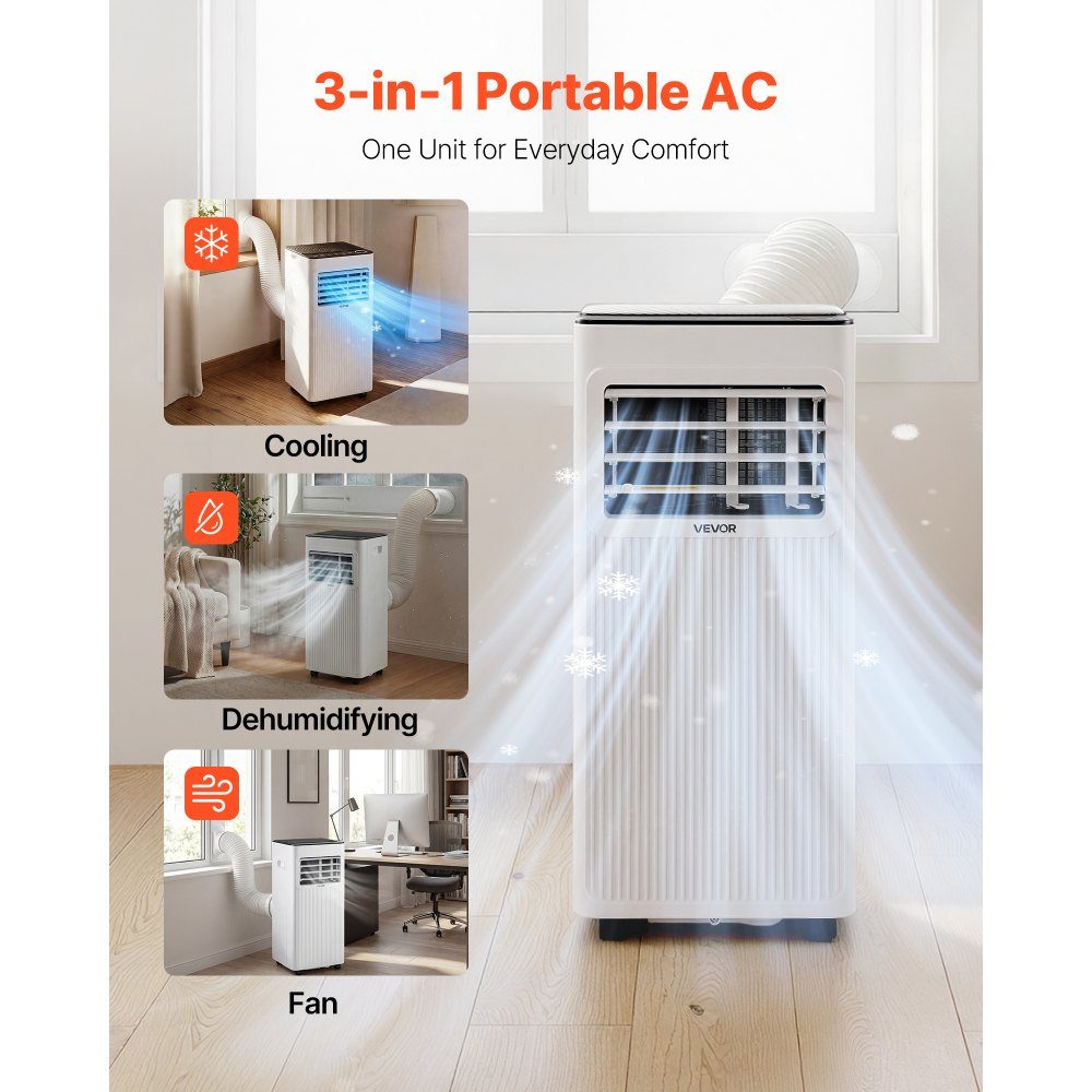 Mobile Klimaanlage 9000 BTU 2,6 kW mit Abluftschlauch, 3-in-1 mobile Klimaanlage mit Kühlung, Belüftung, Entfeuchtung, tragbare Klimaanlage mit LED-Display, Fernbedienung, 24-Stunden-Timer für Innenräume