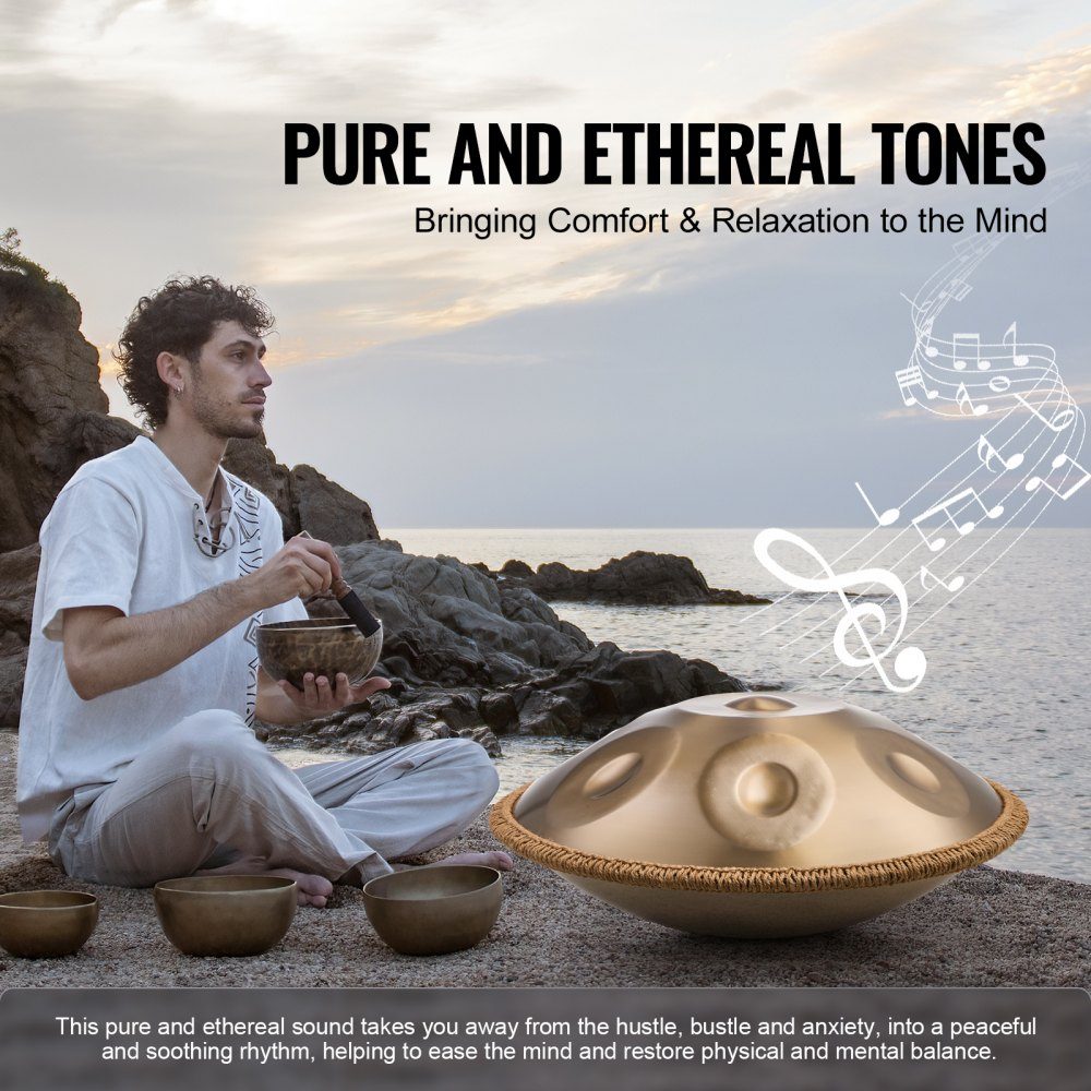 Handpan, 55 cm, 9 notes, tambour à main en ré mineur, instrument de batterie avec maillets, support de handpan 440 Hz et sac de transport, tambour sonore en acier de guérison, instruments de percussion pour adultes et débutants
