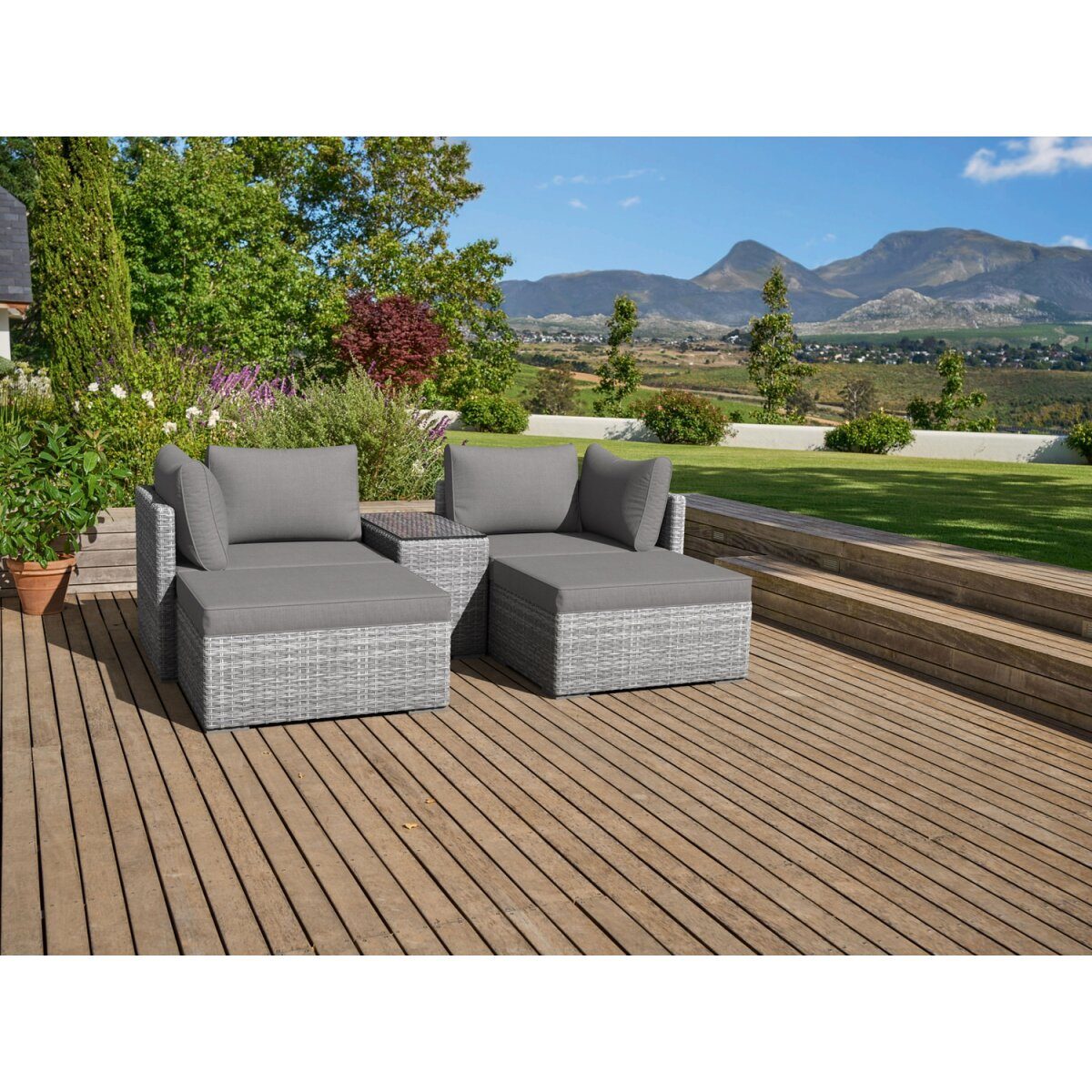 LIVARNO home multifunktionale Loungegruppe, Korbgeflecht, 5-teilig, hellgrau