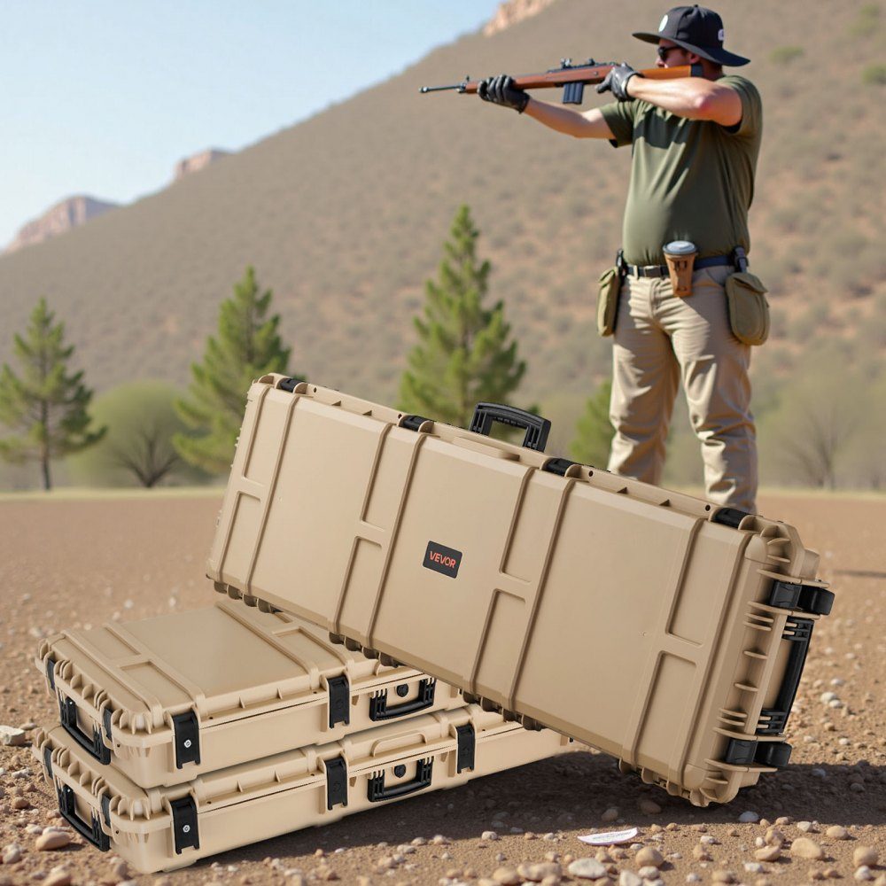 Hard Shell Gun Case for Long Guns, Lockable Gun Case with Pre-Cut Foam, Long Gun Case, Gun Storage, Rollable, IP67 Waterproof, 55" x 17" x 7.5", Khaki