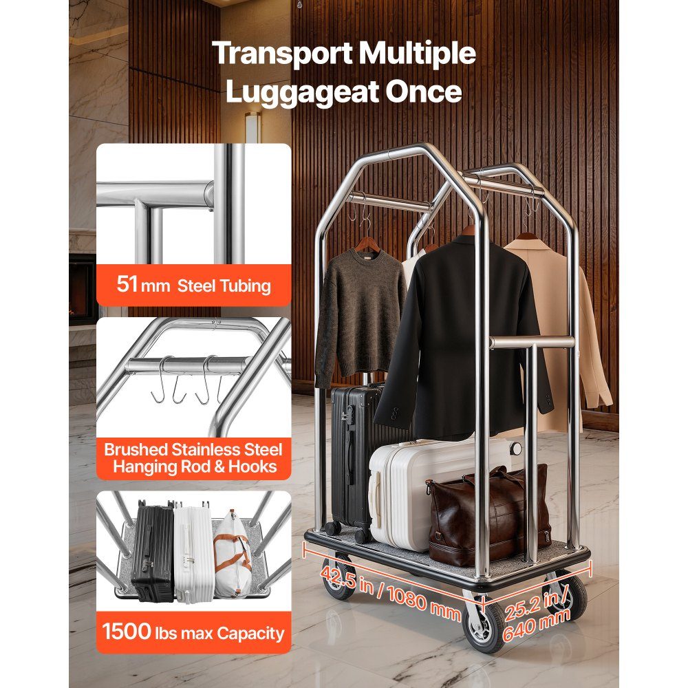 Roestvrijstalen hotelbagagewagen 1500 pond zware bagagewagen met 8 "rubberen wielen Hotelwagen met grijze tapijtvloer en kapstok Commerciële bagagewagen voor hotelsresorts Zilver – Artikelnr. HT-23177