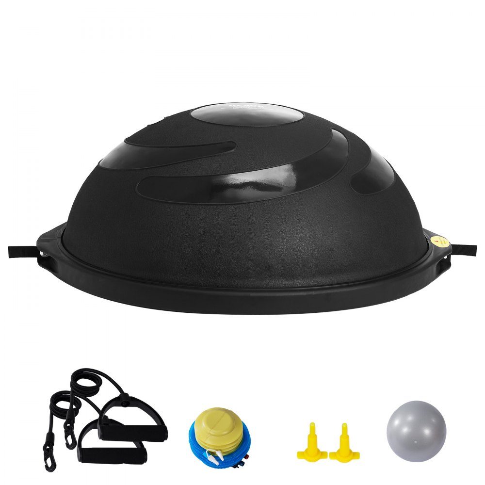 Halve oefenbaltrainer, 26" balansbaltrainer, draagvermogen van 680 kg, stabiliteitsbal, yogabal met weerstandsbanden en voetpomp, krachtfitnessbal voor thuis, sportschool, zwart