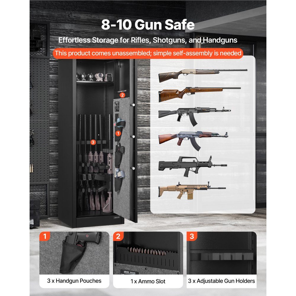 Armoire à armes, armoire à armes avec accès rapide, 3 compartiments à pistolet et supports réglables, armoire à armes d'épaule, coffre-fort pour fusil avec verrouillage par empreinte digitale et mot de passe, noir, assemblage requis