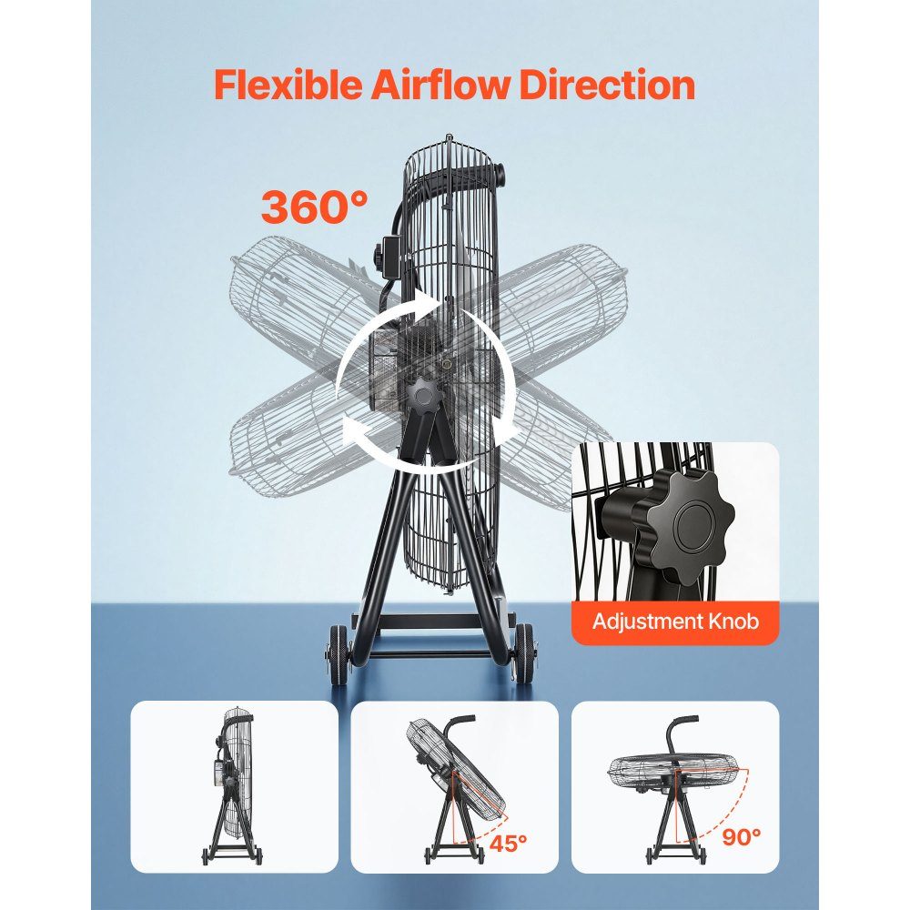 Vloerventilator Ø609,6mm, windmachine 360° kantelbaar, staande ventilator met 3 snelheden, draagbare trommelventilator met handvatrollen & 1,6m kabel, industriële ventilator voor garageopslag