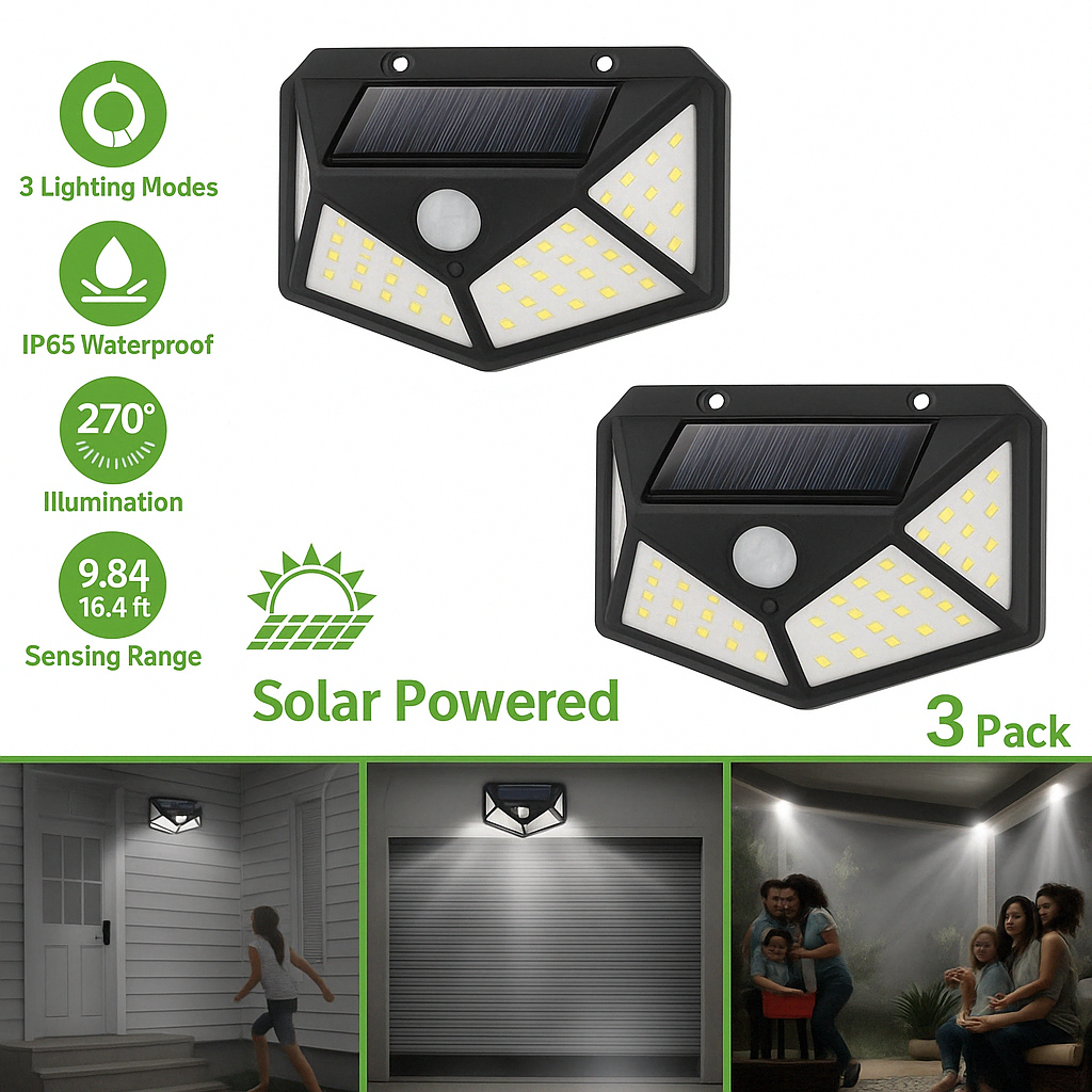 3x Wielofunkcyjna solarna lampa zewnętrzna LED z czujnikiem ruchu - 100 diod LED | Wodoodporny i zasilany światłem słonecznym 3x Wielofunkcyjna solarna lampa zewnętrzna LED z czujnikiem ruchu - 100 diod LED | Wodoodporny i zasilany światłem słonecznym