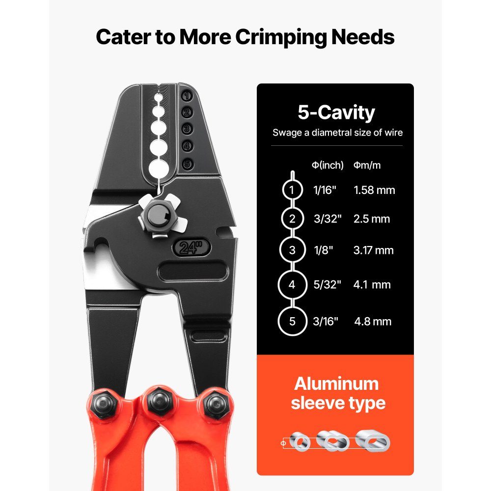 Crimping Tool 24" Crimping Tool Crimping Tool 1/16 3/32 1/8 5/32 3/16" 2 in 1 Tool Crimp Hand Cable Lugs Alloy Crimping Tool