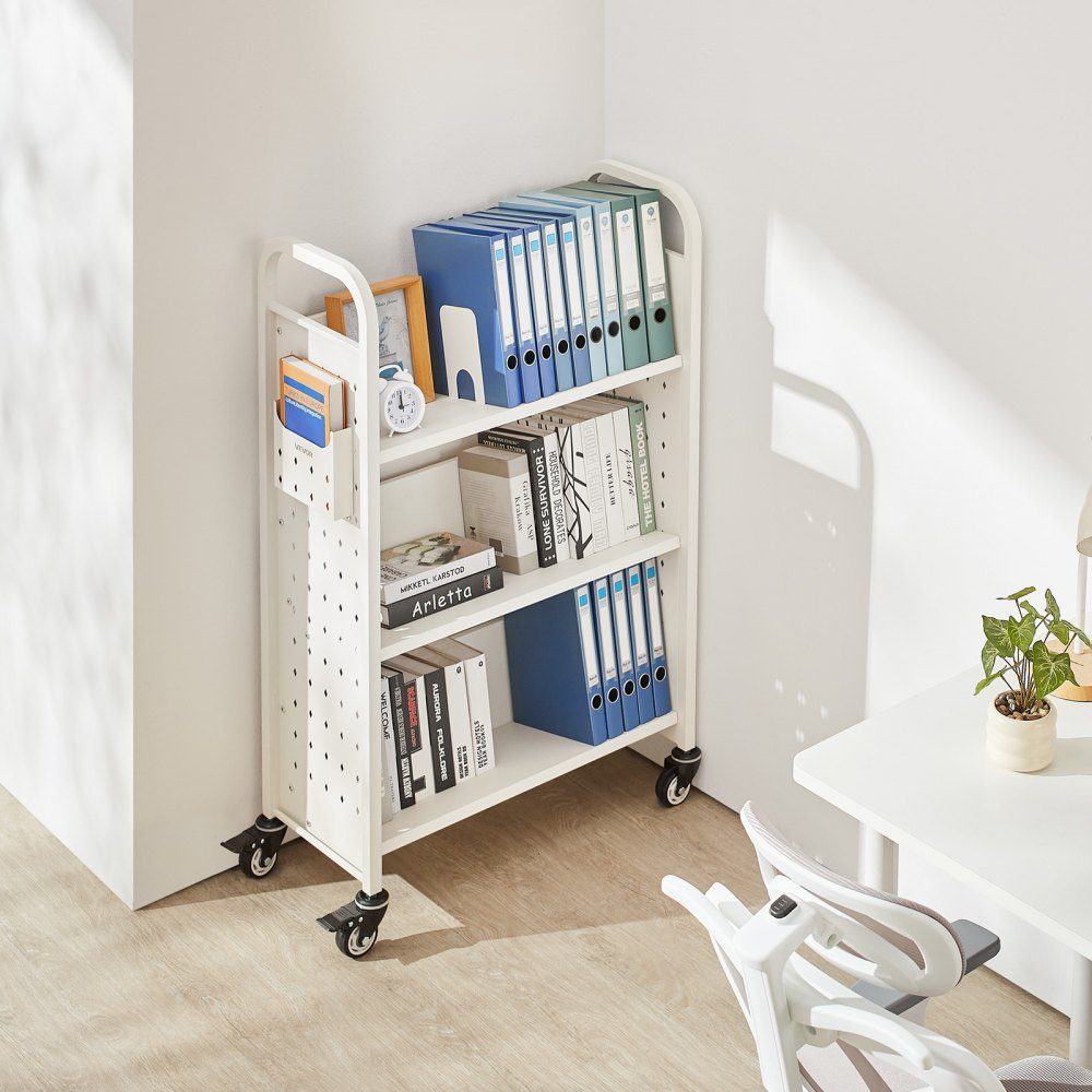 Bücherwagen, 150 kg Tragkraft, Bibliothekswagen, 77 x 38 x 122 cm, einseitiges V-förmiges Bücherregal mit Doppelbremsrädern, für Wohnzimmer, Büro, Schule, Weiß