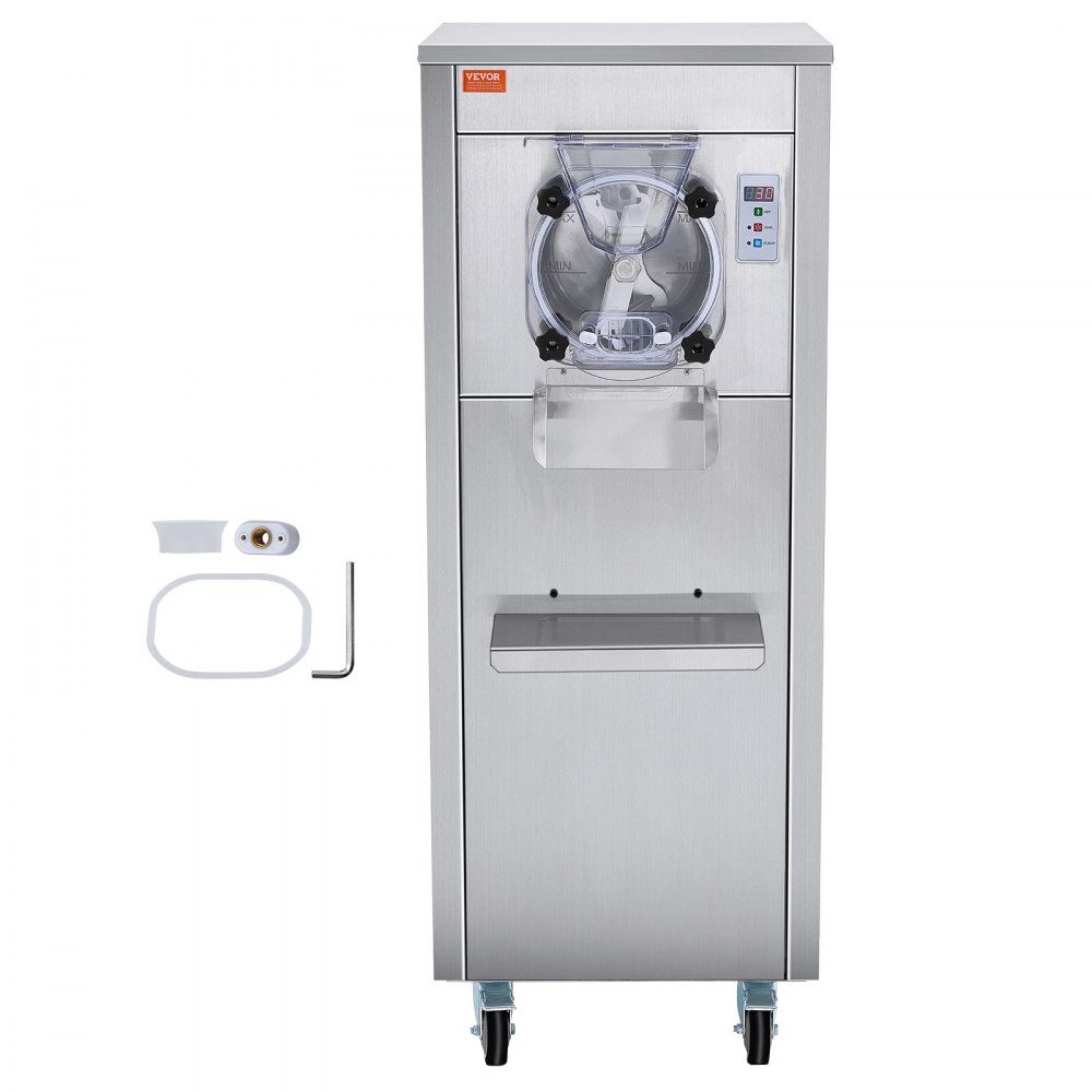 Komercyjna maszyna do lodów, wydajność 18 l/h, maszyna do lodów twardych o jednym smaku z kółkami, cylinder ze stali nierdzewnej 6 l, panel LED, automatyczne chłodzenie wstępne z czyszczeniem, do barów z przekąskami w restauracjach