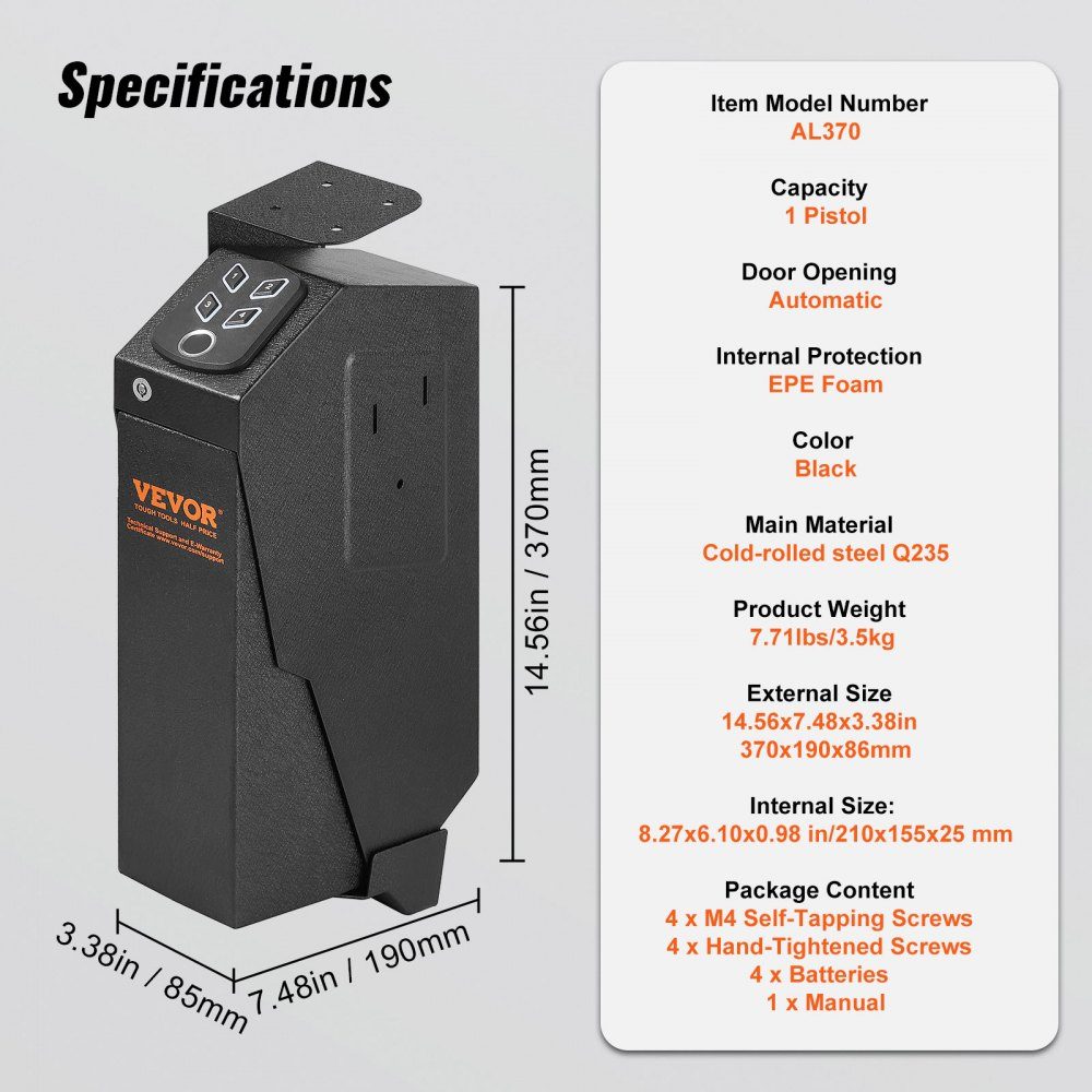 Gun Safe, Wall Mounted Gun Safe, 1 Gun, Gun Safe for Fingerprint, Key or Password, Cold Rolled Steel Gun Safe, 370 x 190 x 86mm, Gun Cabinet Wall Safe