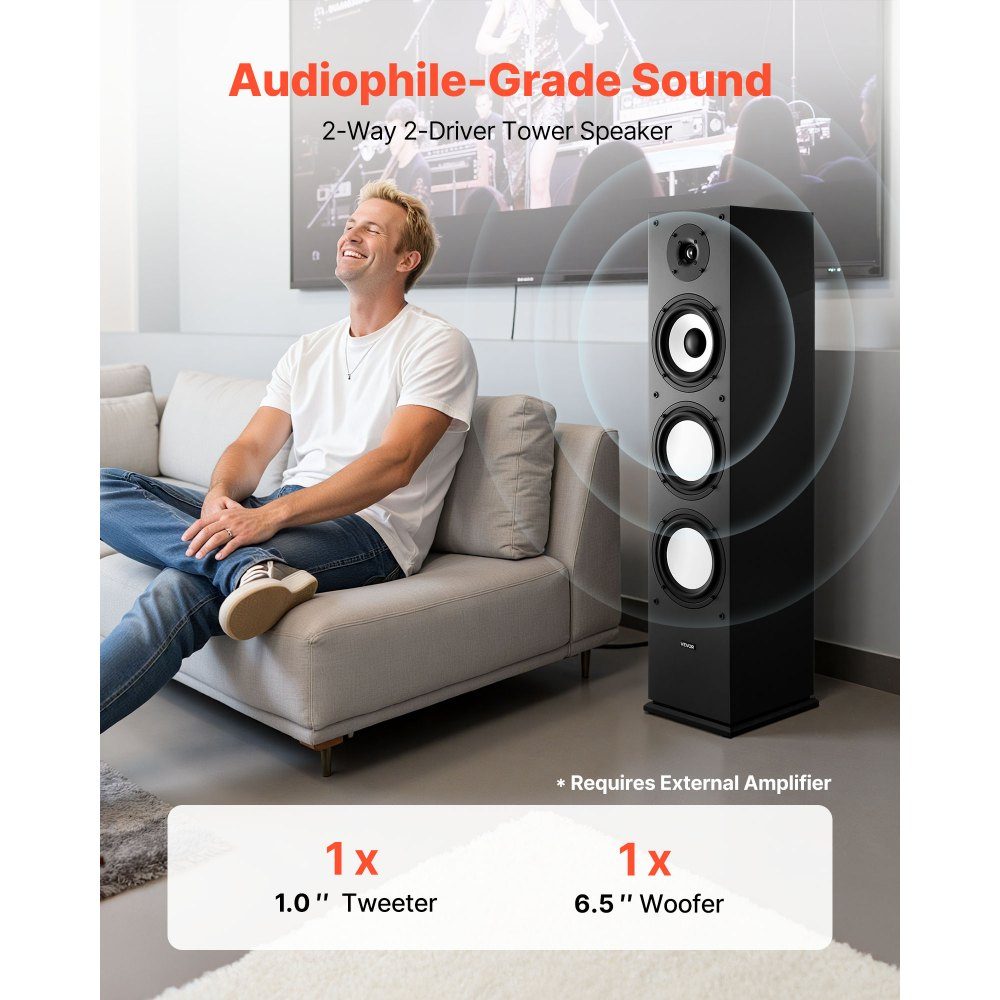 Passive floorstanding speaker, 2-way system with 1" tweeter, 6.5" woofer, 200W peak power, 70Hz-20kHz frequency response, robust MDF housing, for home audio, single