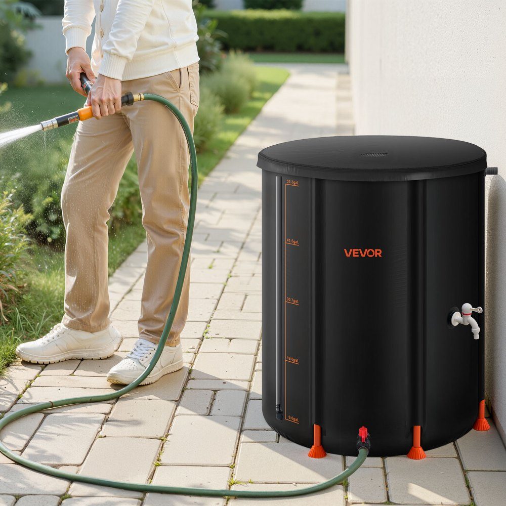 Foldable Rain Barrel 201L Portable Rain Barrel Rainwater Tank 1000D PVC Rainwater Collection System Water Tank Rainwater Barrel with Faucet and Overflow Kit Black