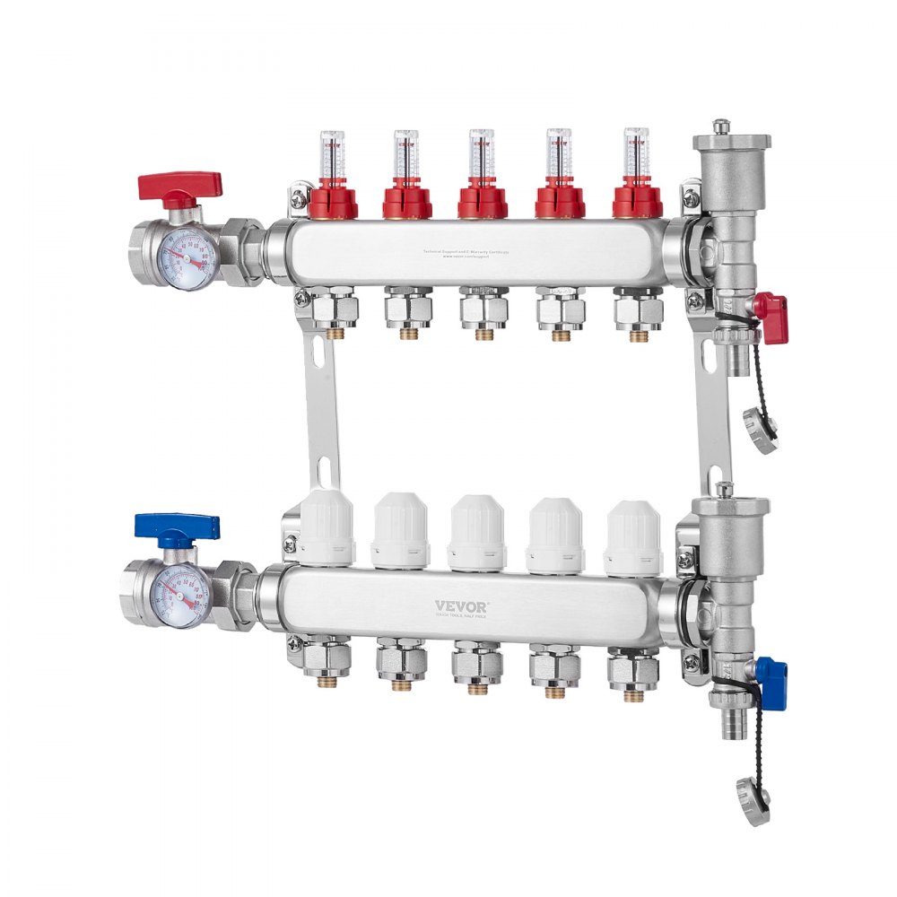 5 Branch Heat Spreader, 1/2" PEX Pipe Manifold, Stainless Steel PEX Manifold for Hydronic Underfloor Heating, Heat Distribution PEX Manifold Kit with 1/2" Adapters Included