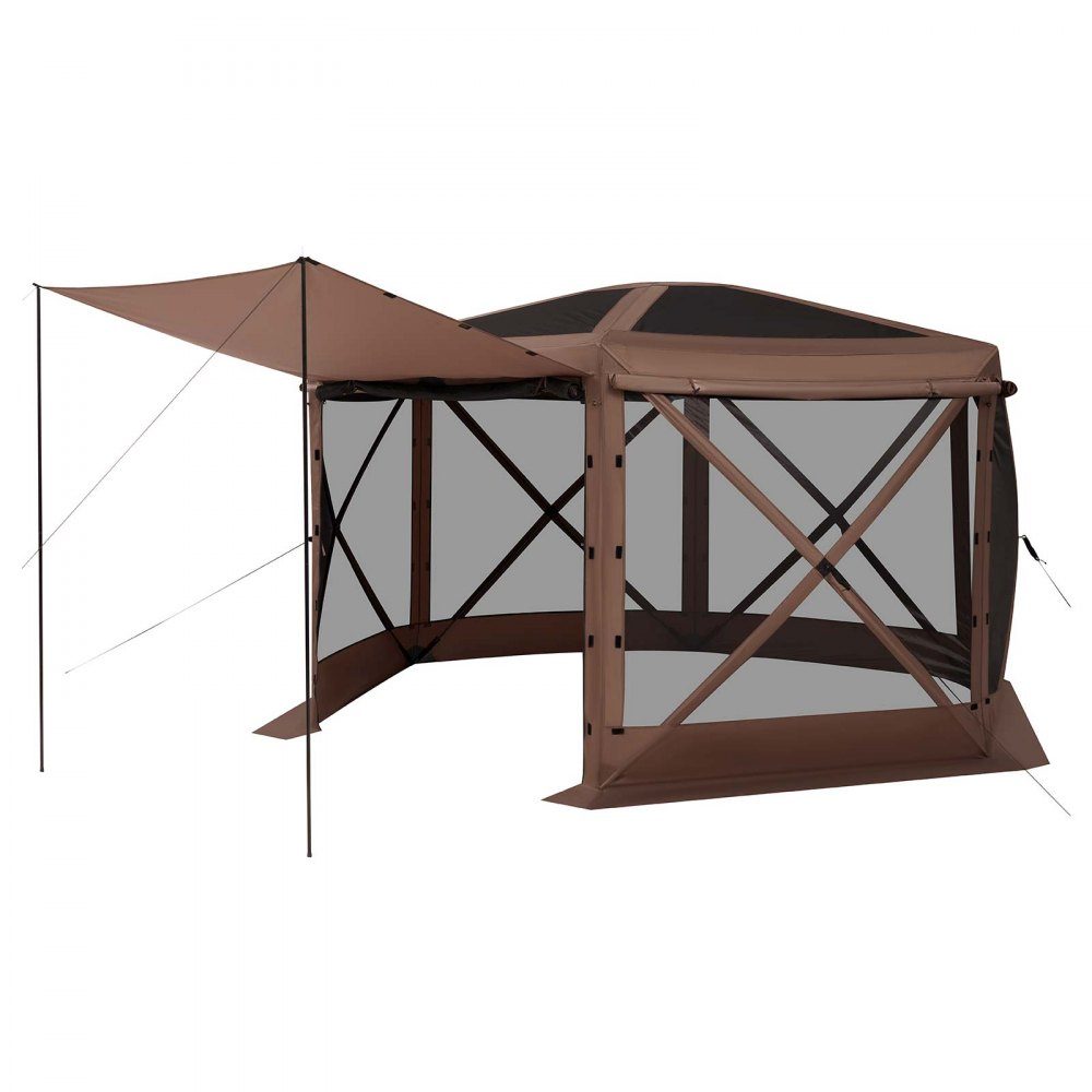Tonnelle escamotable 3,6 m x 3,6 m, tente de camping à 6 côtés avec toit amovible et sac de transport, pare-soleil pour 8 à 10 personnes, tente de fête pour jardin, terrasse, marron