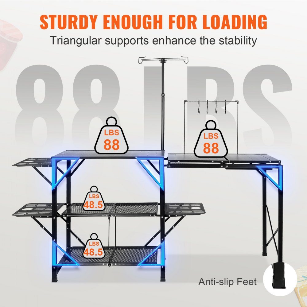 Camping kitchen, outdoor camping kitchen, 174 x 50 x 160 cm, travel kitchen, tent cupboard, foldable, 40 + 22 kg, folding camping table, kitchen box, worktop, space for the sink, carrying bag, black