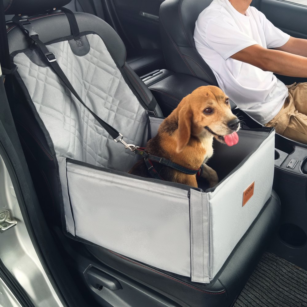 Dog Car Seat, Booster Dog Car Seat with Support Frame, Pet Car Seat with Attachable Safety Leash, Cotton Filling, Dog Car Bed for Small Dogs up to 26 lbs, Gray