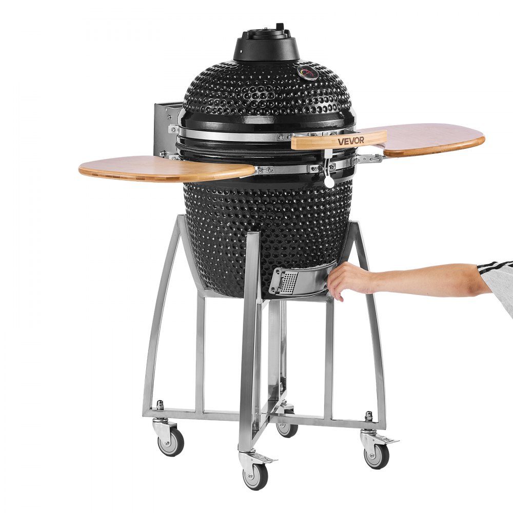 Kamado-Grill, Keramikgrill, Smoker Ø 450 mm, mit Holzgriffen, Seitenablagen, Metallständer mit Rädern & Thermometer bis 400°C, oberer & unterer Luftstrom, zum BBQ, Grillen, Kochen & Backen im Freien