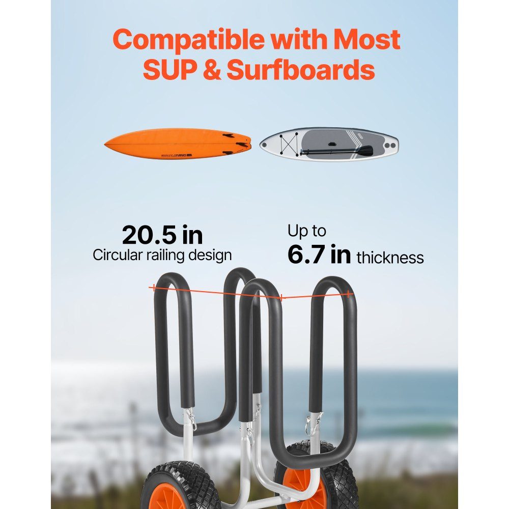 Transportwagen, 68 kg, Stand Up Paddle Board Trolley mit 25,4 cm Vollgummireifen, Schaumstoffpolsterung, Spanngurt, ideale Transporthilfe für Paddleboards und Surfbretter, 520 x 500 x 680 mm