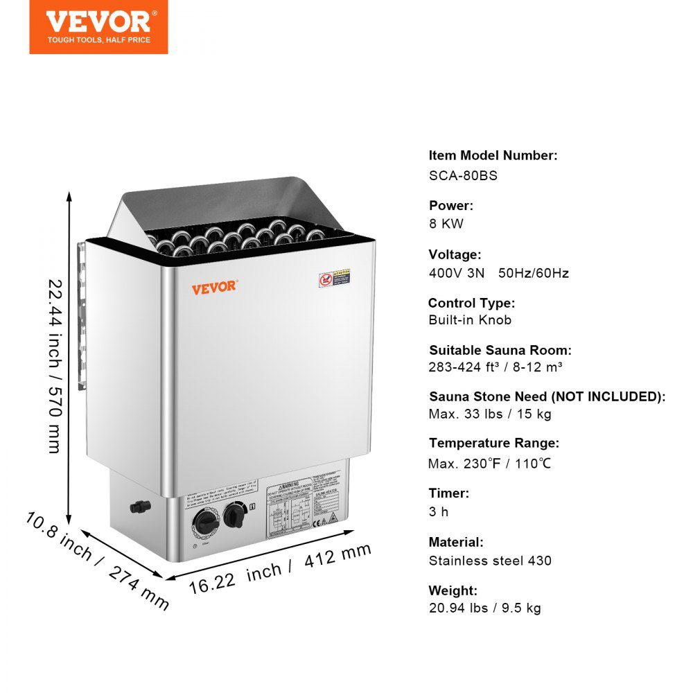 Elektrische saunakachel 8KW 400V 3N draagbare saunakachel voor binnen en buiten met 3 uur timer ingebouwde bediening voor 8-12m3 commerciële hotel spa-douche 430 roestvrij staal