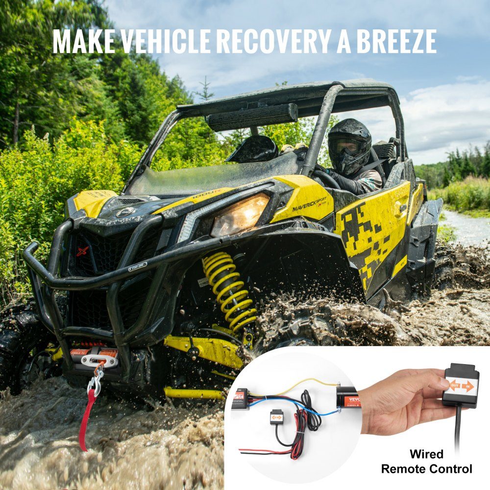 Treuil électrique, capacité de traction de 3 500 lb, treuil 12 V DC ATV/UTV avec corde synthétique Φ 3/16" x 39 pieds 12 brins, guide-câble en aluminium, télécommande filaire, étanche IP55 pour remorquage UTV, ATV, bateau – Réf. HT-22372