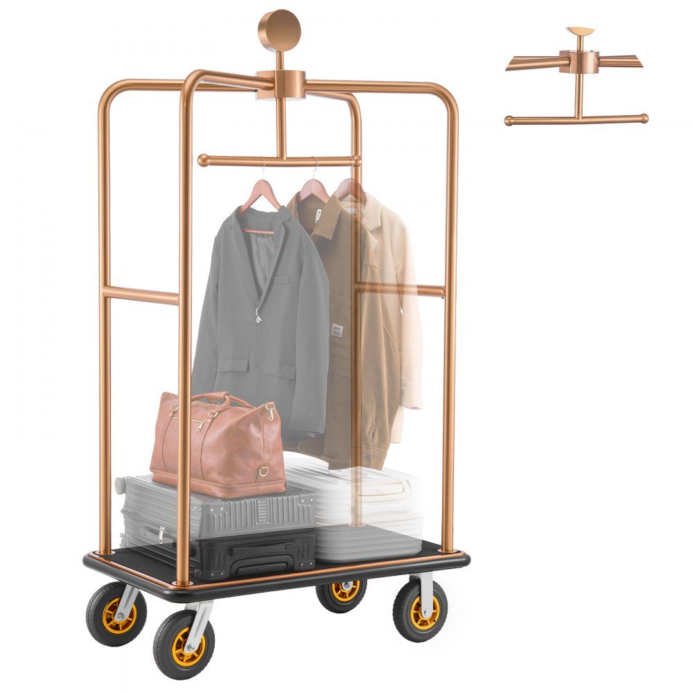 Chariot à bagages d'hôtel en acier inoxydable, chariot à bagages robuste de 1 000 livres avec roues en caoutchouc de 8", chariot d'hôtel avec tapis noir et porte-manteau, chariot à bagages pour hôtels et centres de villégiature, or rose – Réf. HT-23183