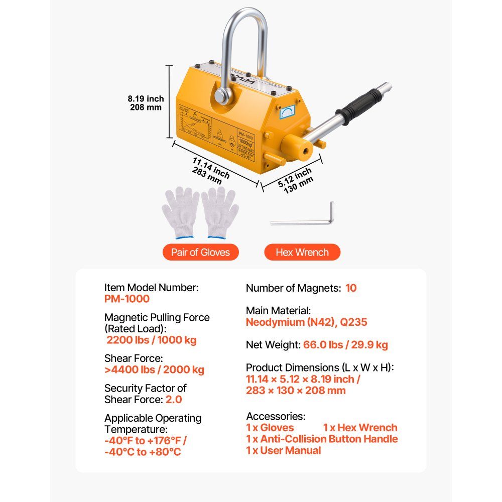 Load lifting magnet permanent magnet lifter 1000 kg pulling force lifting magnet with release handle & steel hook, used in workshop cranes and hoists, for lifting steel plates, boards