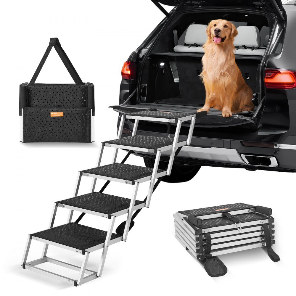 Dog Stairs for Cars, Wide 5 Step Dog Car Stairs, Folding Dog Car Ramp with Non-Slip Surface, Portable Lightweight Aluminum Pet Stairs for Car, SUV and Truck, Supports up to 68kg