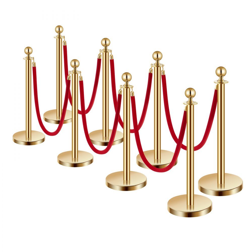 Absperrpfosten Absperrung (8 Stück) zur Massenkontrolle mit 6 roten Samtseilen (1,5 m lang), Absperrständer aus Edelstahl mit nachfüllbarer Basis für Ausstellungen Golden