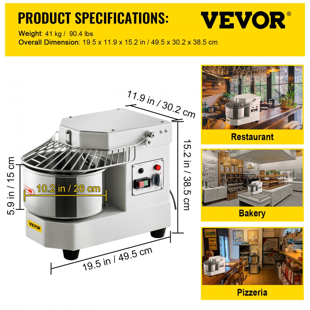Dough kneading machine food processor, 8 L stainless steel dough mixer, 450 W, adjustable (130/233/414 rpm), including stainless steel bowl, safety shield, timer, ideal for bakeries, restaurants, pizzerias Dough kneading machine food processor, 8 L stainless steel dough mixer, 450 W, adjustable (130/233/414 rpm), including stainless steel bowl, safety shield, timer, ideal for bakeries, restaurants, pizzerias