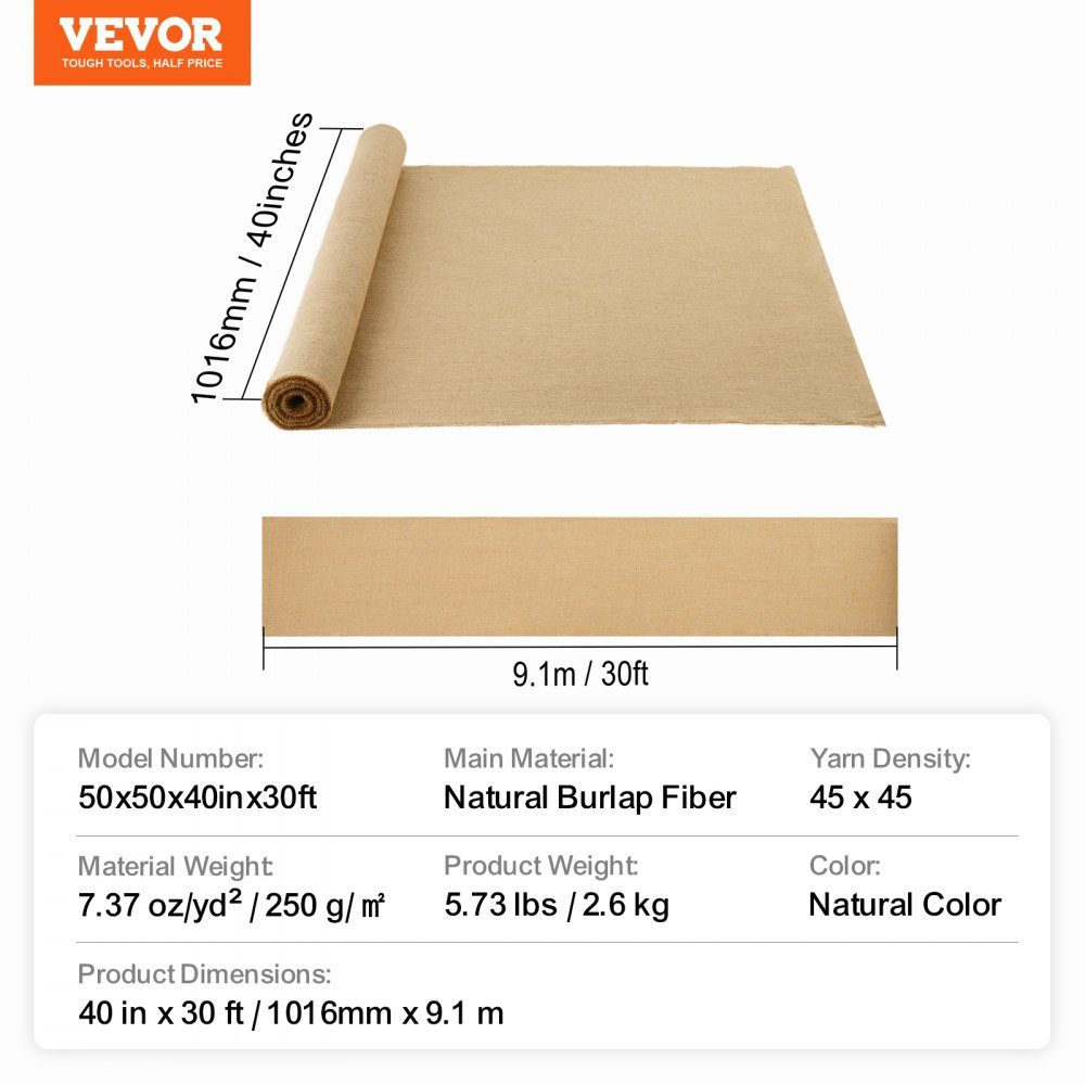 Jutestoff, Sackleinenstoffrolle, 50 x 50 hochdichte, breite, natürliche Sackleinenstoffrollen, 1016 mm x 9,1 m, für Dekoration, Kunsthandwerk, Hochzeit, Gartenarbeit, Winterabdeckung für Pflanzen und Bäume