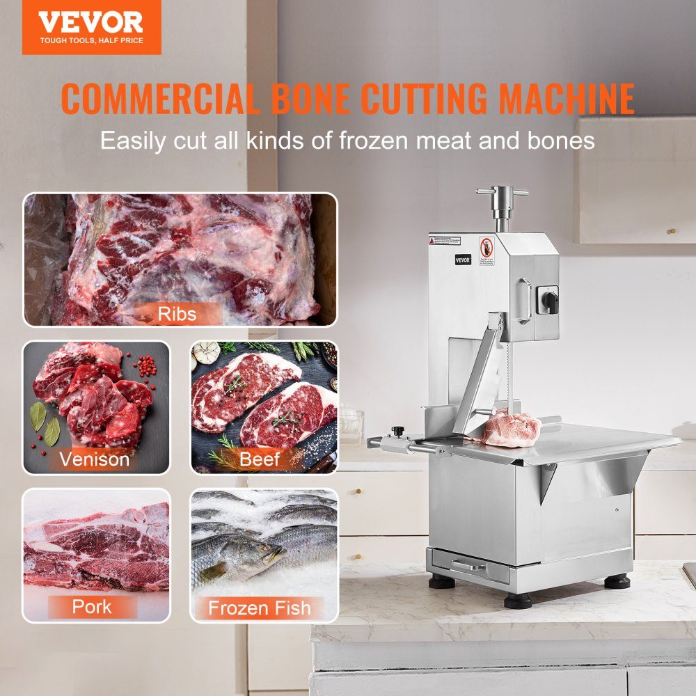Machine commerciale de sciage d'os de viande 2200 W, machine de découpe d'os de 1000 kg/h, machine de découpe d'os de viande congelée, scie à os d'épaisseur réglable de 0 à 180 mm, table de travail de 470 x 530 mm