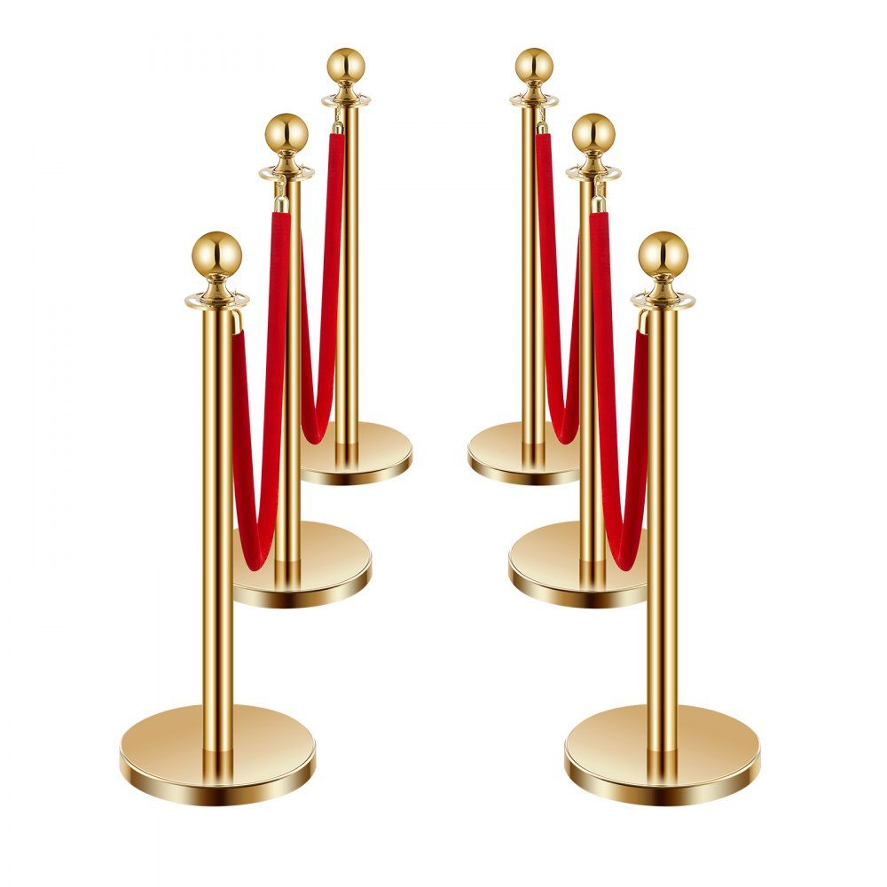Absperrpfosten (6 Stück) zur Massenkontrolle mit 4 roten Samtseilen (1,5 m lang), Absperrständer aus Edelstahl mit nachfüllbarer Basis für Ausstellungen Golden