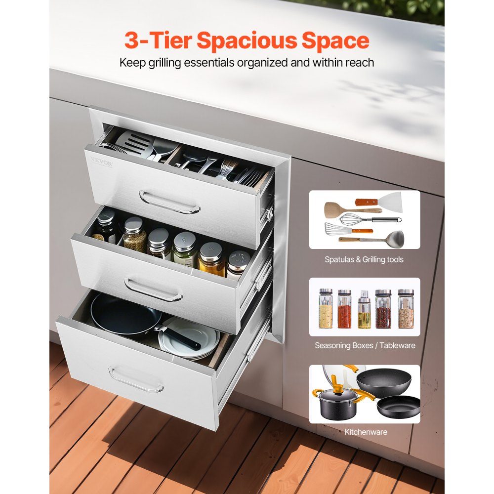 Buitenkeuken, roestvrijstalen grillladen met drievoudige toegang en chromen handgreep, 458 x 585 x 588 mm