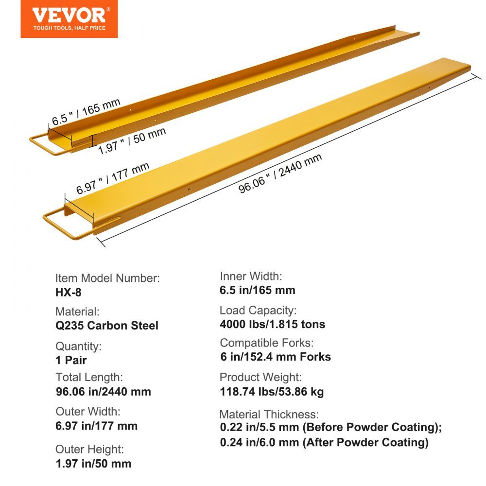 Set mit 2 Gabelverlängerungen, 2440 mm Zinkenverlängerung, 1,815 Tonnen Tragfähigkeit, Gabeln, Q235-Kohlenstoffstahl, einteiliges Design, Palettengabelverlängerung, kompatibel mit 152,4 mm Gabeln