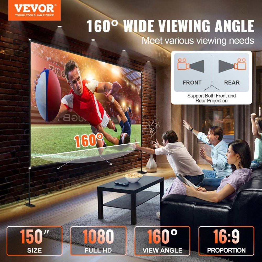 Projection Screen with Stand 15" Portable Movie Screen 16:9 Outdoor Indoor Projector Screen 138" x 80" Mobile Projector Screen 160°