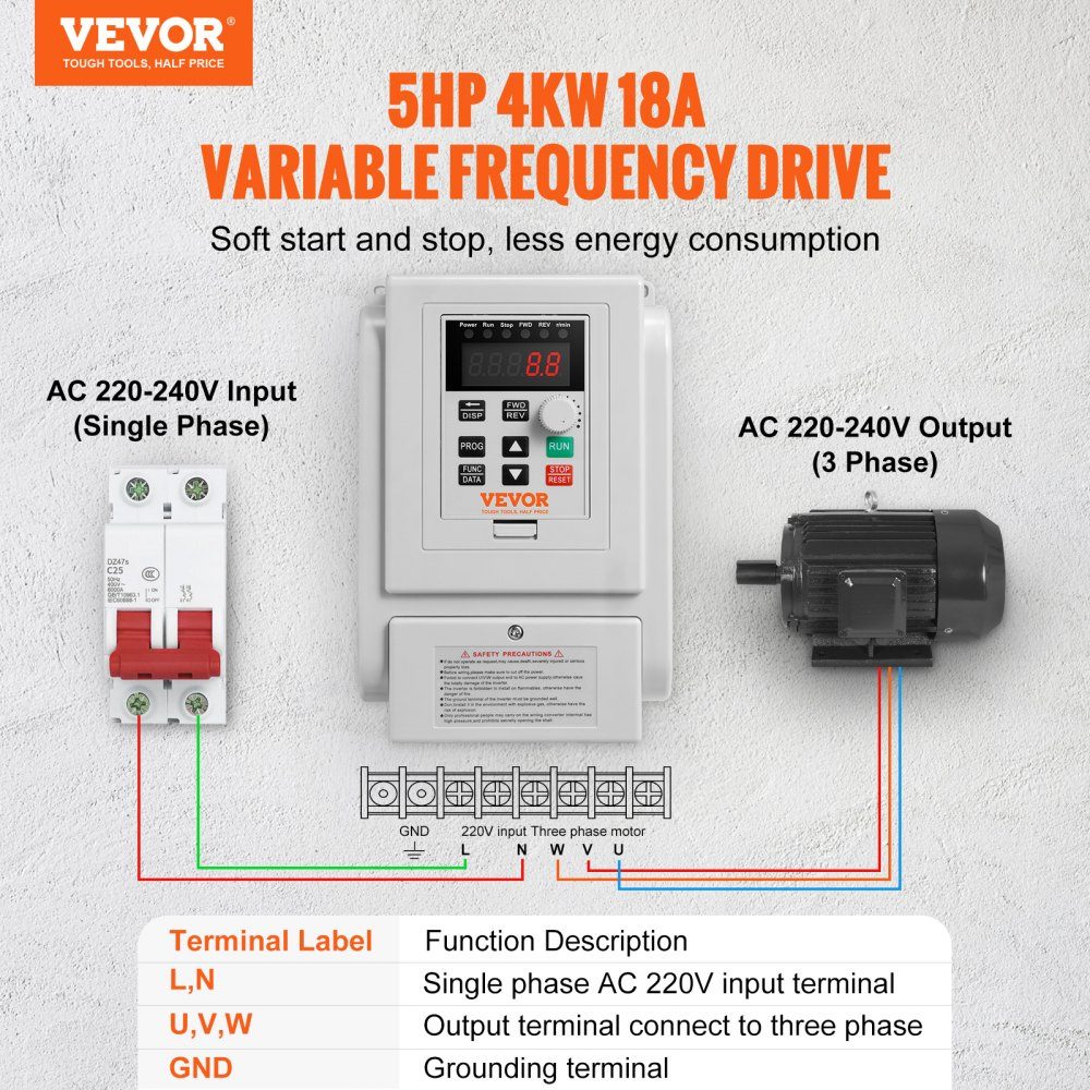 4kW 18A 5HP Frequency Inverter VFD AC 220-240V Frequency Controller Speed ​​Controller Frequency Converter Inverter Motor VFD Inverter Variable Frequency Driver including 20cm control cable