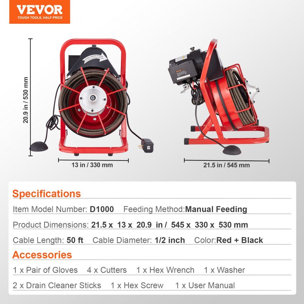 Pipe Cleaning Machine 50 FT x 1/2 Inch, Manual Feed Duct Spiral, 250W Electric Pipe Cleaning Machine with 4 Cutters and Air Activated Foot Switch for 2" to 4" Pipes