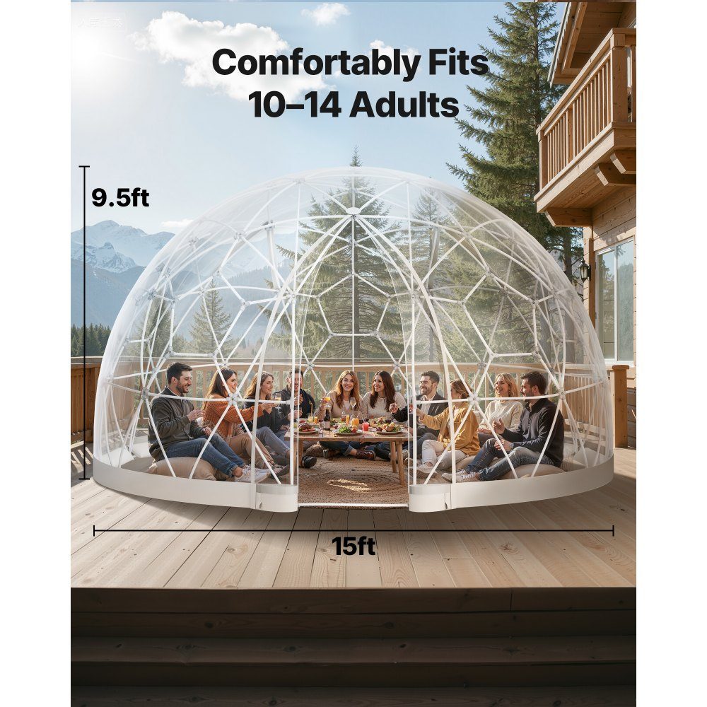 Tente à bulles transparente dôme de jardin 15' x 9' pour 10-14 personnes Serre à dôme géodésique avec fenêtre Tente en PVC pour cour, patio, camping, fête, mariage