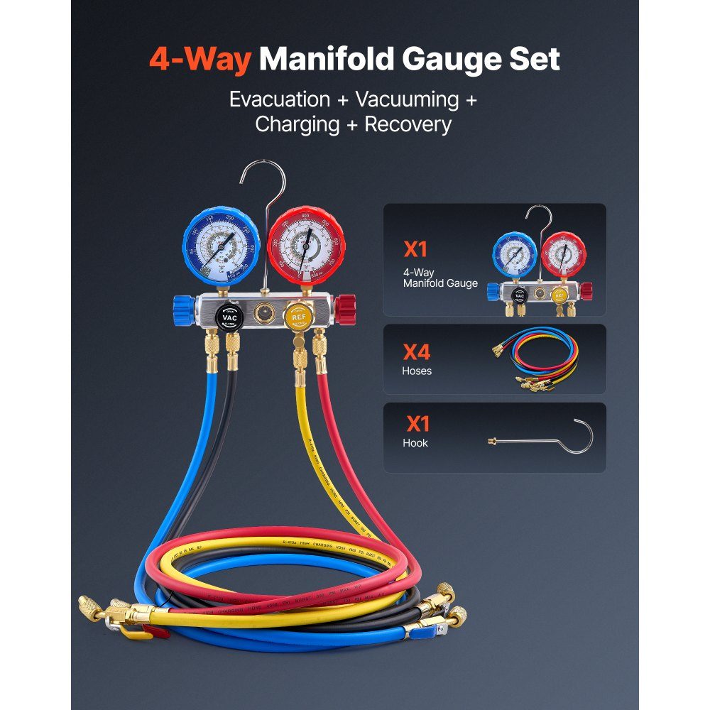 Air Conditioning Pressure Gauge Set for Refrigerant R22 R404A R410A R12, 4 Way Pressure Gauge with 1.5m Hoses, for Maintenance, Evacuation, Filling, Restoration of Air Conditioning Systems in Vehicles, Households