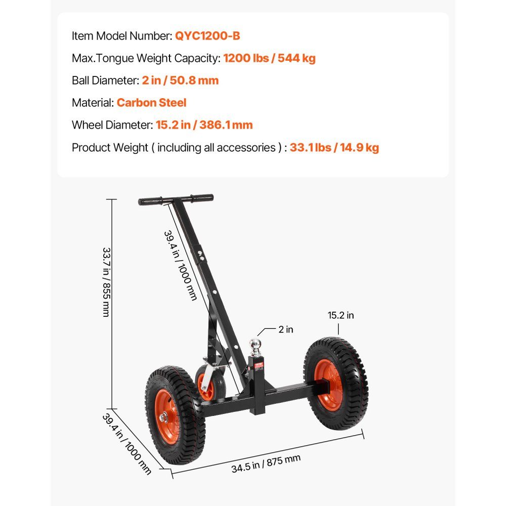 Manoeuvrer Trailer, Trailer Trolley, 544kg Support Load, 460 & 560mm Adjustable Height, 50.8mm Ball, 386mm Pneumatic Tires, Carbon Steel, for Moving Motorhome Trailers