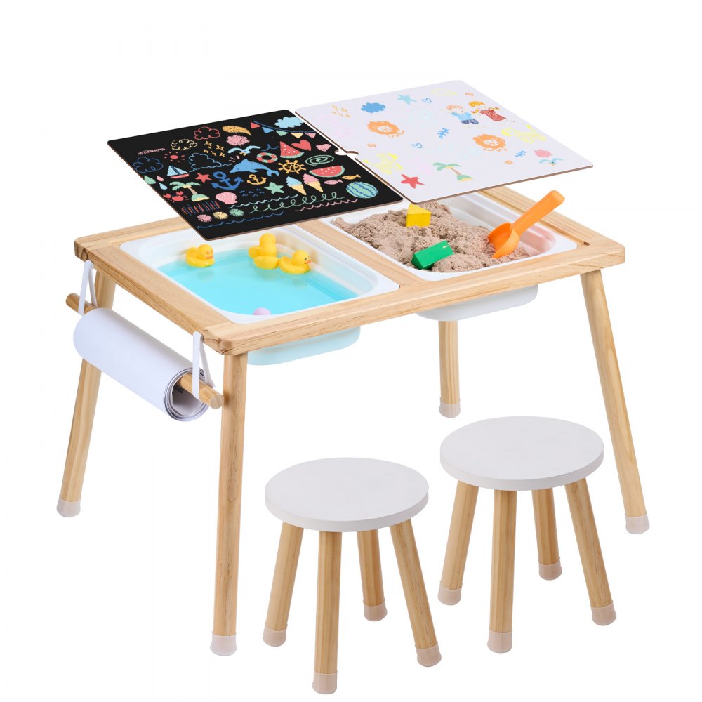 Sensory table set, activity table, children's seating group and sand and water play table with 2 stools & 2 storage containers & paper roll holder, wooden children's table - gift for children