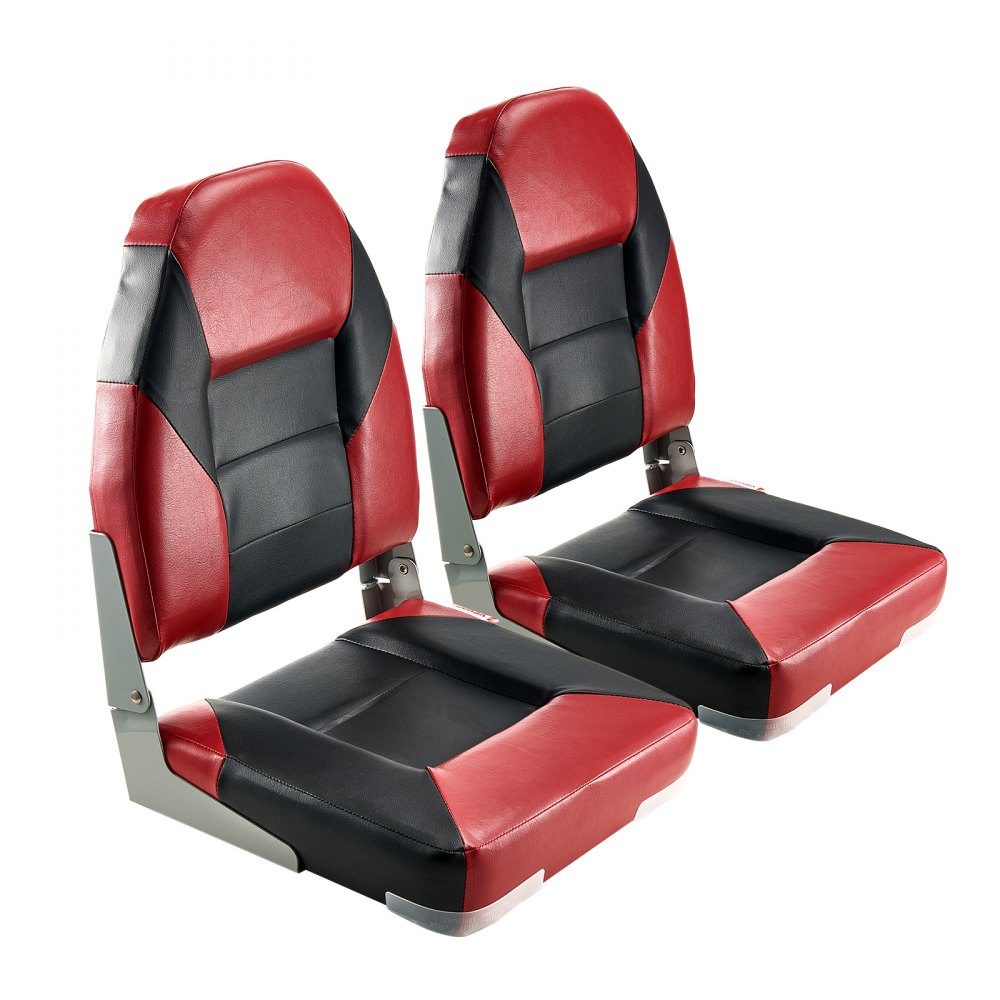 2pcs High Back Boat Seat Folding Fishing Boat Seat with Thick Sponge Cushion and Waterproof PVC Leather Aluminum Alloy Hinges Black and Red