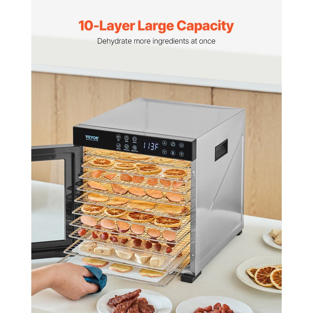 Déshydrateur Déshydrateur 10 bols en acier inoxydable, séchoir électrique 1000 W avec température réglable, lyophilisateur pour viande séchée, viande, fruits, légumes, herbes, friandises pour chiens – Réf. HT-23699