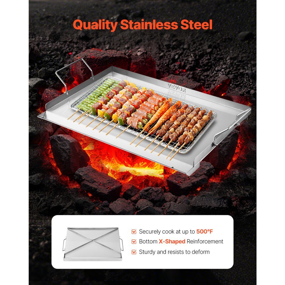 Plaque de gril Poêle à griller Plaque rectangulaire universelle en acier inoxydable (585 x 365 mm) avec dessus plat, plaque de cuisson à gaz pour barbecue Teppanyaki, batterie de cuisine familiale portable avec poignée