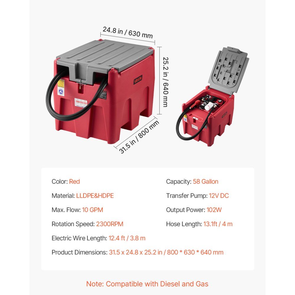 Portable diesel and petrol tank, 220L, 45L/min flow rate, diesel fuel tank with 12V transfer pump, 4m hose, automatic refueling nozzle, fuel transport transfer tank, red