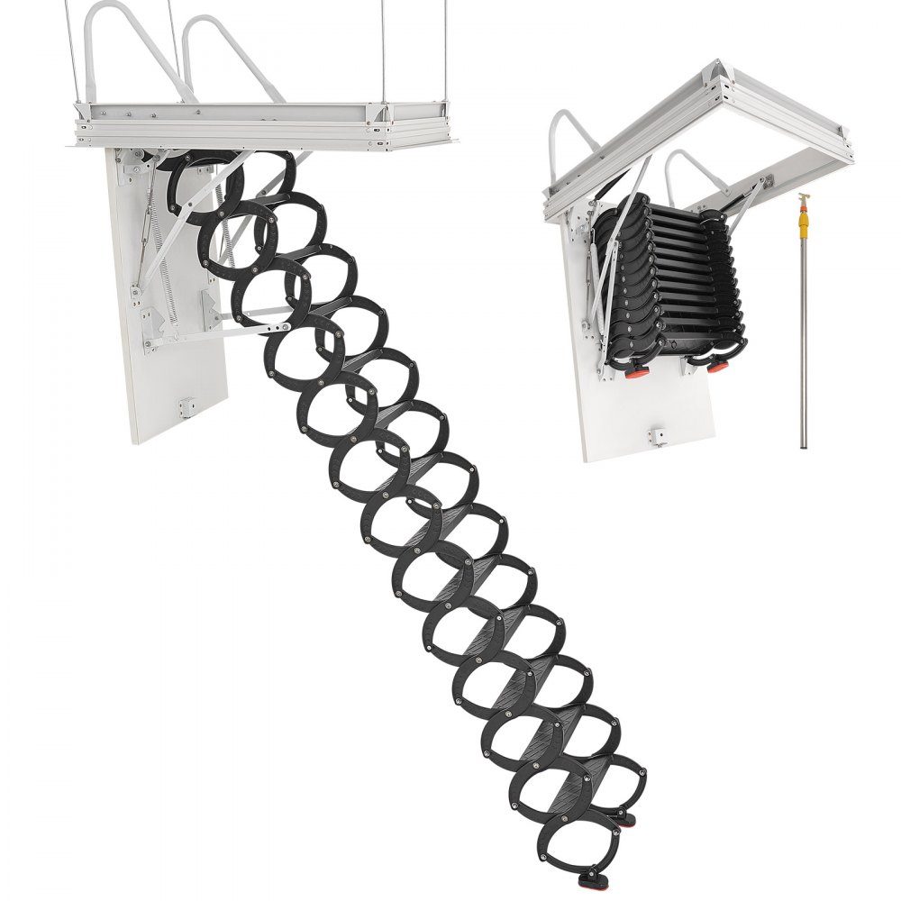 Dachbodenleiter, Tragfähigkeit 299,4 kg, geeignet für Deckenhöhen von 3,2–3,35 m und Öffnungsgröße von 1000,76 x 698,5 mm, ausziehbare Deckentreppe aus legiertem Stahl mit Zugstange für Dachboden