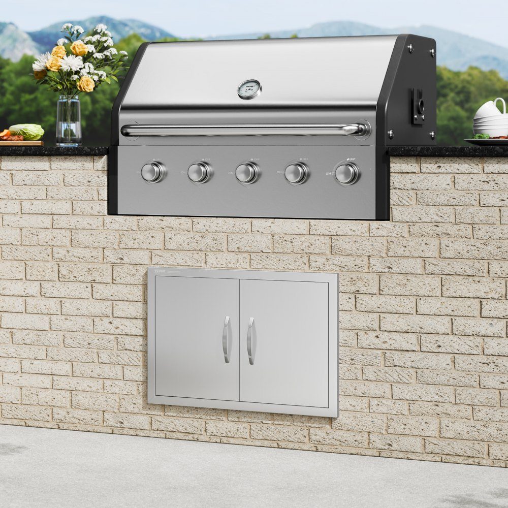 Grill Access Door 711x482mm Double Outdoor Kitchen Door Flush Mount Stainless Steel Door Vertical Wall Door with Handles for Grill Island Grill Station Outdoor Cabinet