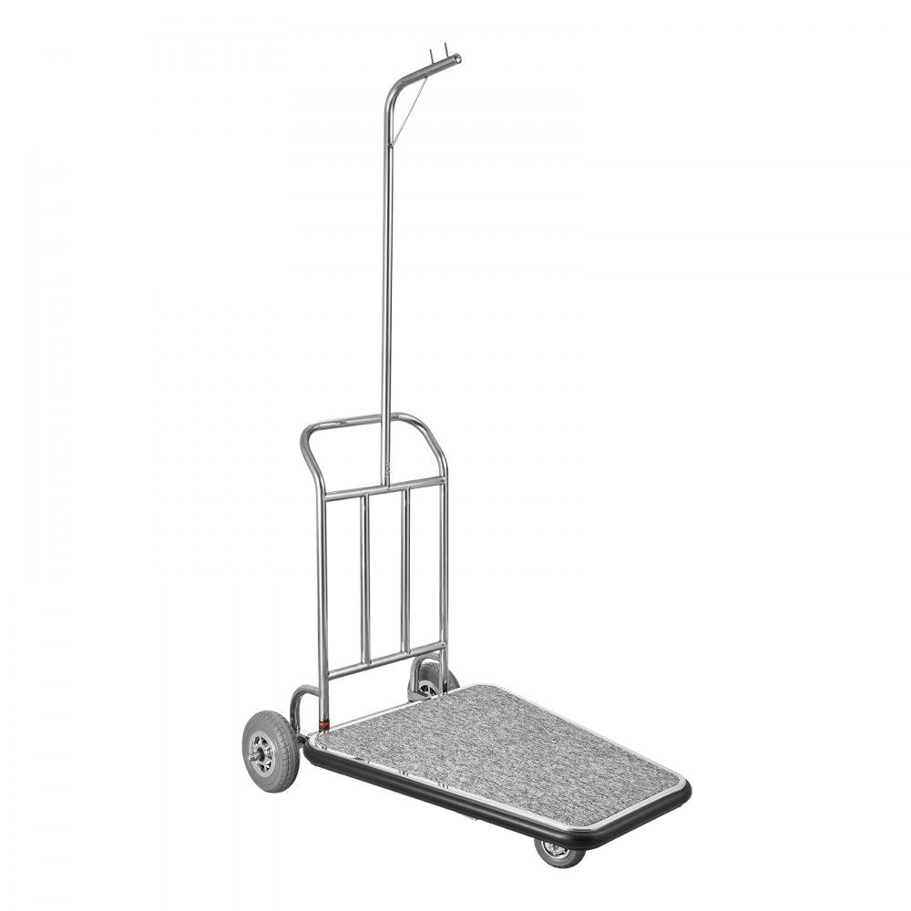 Bagagewagen, capaciteit 272 kg, roestvrijstalen bagagewagen met 3 wielen, bagagewagen met grijze tapijtvloer en rubberen wielen, ideaal voor congrescentra, hotels, huurwoningen, zilver, 1080 x 640 x 1800 mm