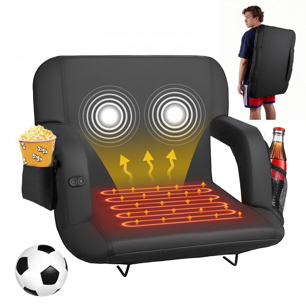 Stadionstoel Verwarmde stadionstoel met 4 zakken, verwarmde tribunestoel met 3 niveaus verwarming en 6 vibratiemodi, draagbaar zitkussen voor kamperen Sportevenementen Tribunes Zwart